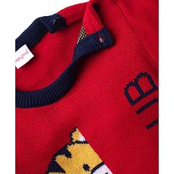 Babyhug Knit Full Sleeves Pullover Sweater Set with Animal Design - Red