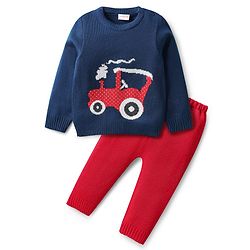 Babyhug Knit Full Sleeves Sweater Set with Tractor Design - Navy Blue