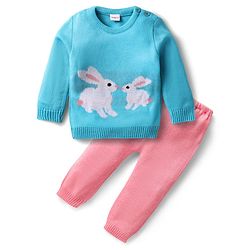 Babyhug Knitted Full Sleeves Sweater Set with Bunny Design - Pink & Light Blue