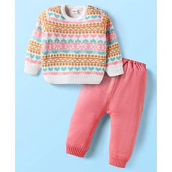 Babyhug Knit Full Sleeves Pullover Sweater Set with Floral Design - Pink