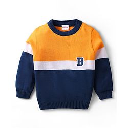 Babyhug Knitted Full Sleeves Color Block Pullover with Patch Detailing -Yellow & Navy Blue