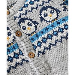 Babyhug Knit Full Sleeves Sweater Set with Cap & Penguin Design - Grey & Navy Blue