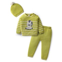 Babyhug Knitted Full Sleeves Striped Pullover Sweater Set with Zebra Embroidery & Cap - Limegreen