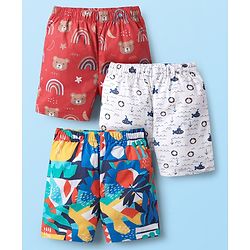 Babyhug Cotton Woven Above Knee Length Boxers with Nautical & Animal Print Pack of 3 - Red Navy Blue & OffWhite