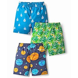 Babyhug Cotton Woven Above Knee Length Boxer With Tropical Nautical & Solar System Print Pack Of 3 - Blue Green & Navy Blue