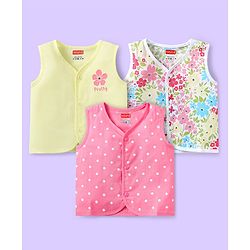 Babyhug 100% Cotton Sleeveless Front Open Jhablas with Stripes & Animal Print Pack of 3 - White & Neon Green