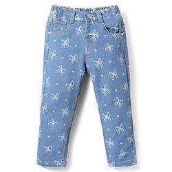 Babyhug Full Length Denim Jeans Washed with Stretch Heart & Bow Print - Blue
