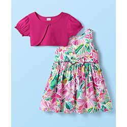 Babyhug Cotton Woven Frock & Half Sleeves Shrug With Floral Print & Bow ...