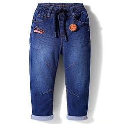 Babyhug Full Length Washed Denim Jeans with Stretch & Text Embroidery - Blue
