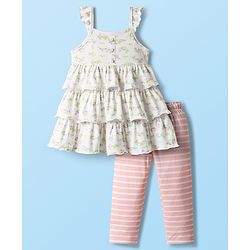 Babyhug Single Jersey Knit Sleeveless Frock With Floral Print & Striped Leggings - White