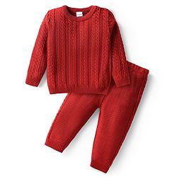 Babyhug Knitted Full Sleeves Sweater Set with Cable Net Design - Red