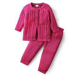Babyhug Knitted Full Sleeves Front Open Sweater Set With Cable Knit Design - Fuchsia