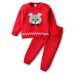 Babyhug Knitted Full Sleeves Sweater Set with Rat Patch - Red