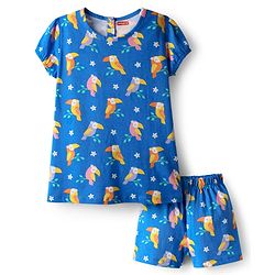 Babyhug Cotton Knit Half Sleeves Shorts Co-Ord Night Suit With Bird & Floral Print - Blue