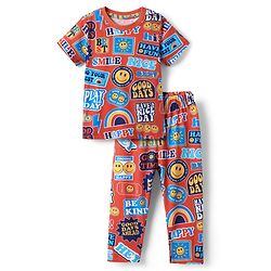 Babyhug Cotton Knit Half Sleeves Co-ords Night Suit With Text Print - Red