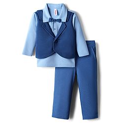 Babyhug Knit Full Sleeves Solid Color Shirt Attached Waistcoat & Trouser Set with Bow Applique - Navy Blue