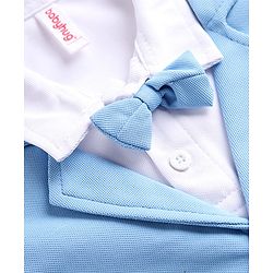 Babyhug Knit Full Sleeves Party Suit With Attached Waistcoat & Bow - Light Blue & White