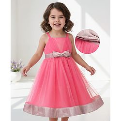Babyhug Sleeveless Party Wear Mesh Frock With Sequin Embroidery & Bow Applique- Ivory