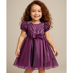 Babyhug Woven Puffed Sleeves Solid Colour Party Dress with Bow - Wine