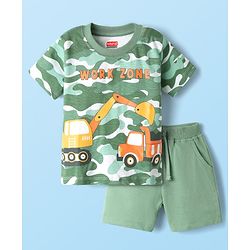 Babyhug Single Jersey Knit Half Sleeves T-Shirt & Shorts Set With Vehicle & Camouflage Print - Green