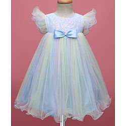 Babyhug Woven Frill Sleeves Mesh Party Dress with Sequin Detailing & Bow Applique - Light Blue