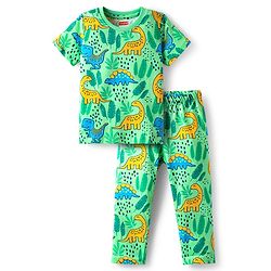 Babyhug Cotton Knit Half Sleeves Co-Ord Night Suit With Dino Print - Green