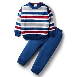 Babyhug Knit Full Sleeves Sweater Set with Stripes Design - Blue