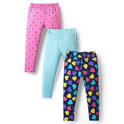 Babyhug Cotton Lycra Leggings With Polka Dots & Hearts Print Pack Of 3 - Light Blue Pink & Navy Blue