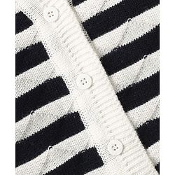 Babyhug Knitted Full Sleeves Striped Front Open Sweater Set with Cap Pair of Booties - Navy Blue & White