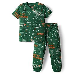 Babyhug Cotton Knit Half Sleeves Co-Ord Night Suit With Space Theme Print - Navy Blue main image 0