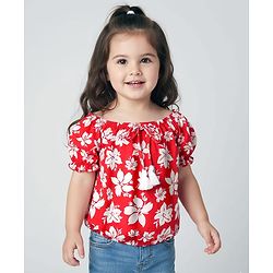 Babyhug 100% Cotton Knit Puffed Sleeves Top With Floral Print - Red