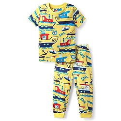 Babyhug Cotton Knit Half Sleeves Co-Ords Nightsuit With Nautical Theme Print - Yellow