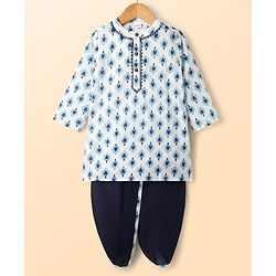 Babyhug Cotton Woven Full Sleeves Kurta Dhoti Set With Floral Print - White & Navy Blue