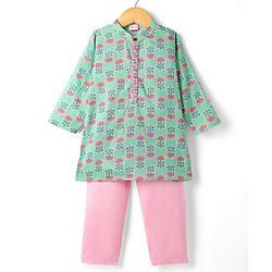 Babyhug Cambric Woven Full Sleeves Kurta Pyjama Set with Floral Print - Light Green & Pink