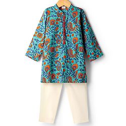 Babyhug Cotton Woven Full Sleeves Kurta Pajama Set With Floral Print - Turquoise