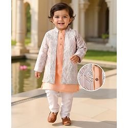 Babyhug Full Sleeves Kurta Pyjama Set With Embroidered Long Jacket - Peach