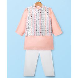 Babyhug Full Sleeves Kurta Pyjama Set With Embroidered Jacket - Peach