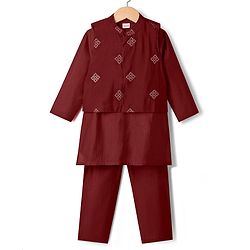 Babyhug Woven Full Sleeves Solid Coloured Kurta Pyjama Set With Embroidered Jacket - Maroon