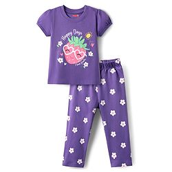 Babyhug Cotton Knit Full Length Night Suit With Floral & Text Print - Violet