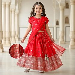 Babyhug Woven Half Puffed Sleeves Choli Lehenga Set with Dupatta & Floral Foil Print - Red
