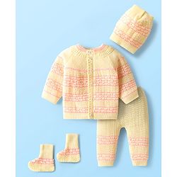 Babyhug Knit Full Sleeves Front Open Sweater Set with Stripe Designed Cap & Booties - Pink & White