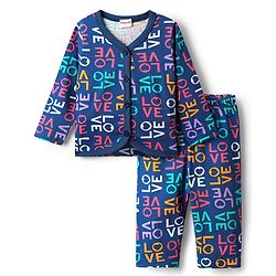 Babyhug Single Jersey Knit Full Sleeves Front Open Top & Lounge Pant Co-Ord Set With Love Print - Navy Blue