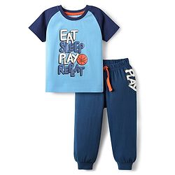 Babyhug Cotton Knit Half Raglan Sleeves Night Suit with Text Print - Navy Blue