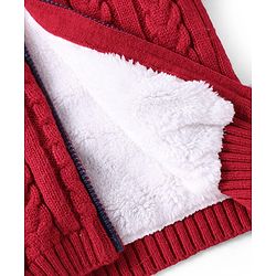 Babyhug Knit Full Sleeves Fur Lined Hooded Sweater With Cable Knit Design - Red