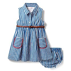 Babyhug Single Jersey Knit Collar Neck Sleeveless Striped Frock With Bloomers & Belt - Blue