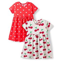 Babyhug Single Jersey Knit Half Sleeves Frocks With Bow & Tropical Theme Pack Of 2 - Red & White