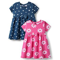 Babyhug Single Jersey Knit Half Sleeves Floral & Heart Printed Frocks With Bow Applique Pack of 2 - Pink & Navy Blue