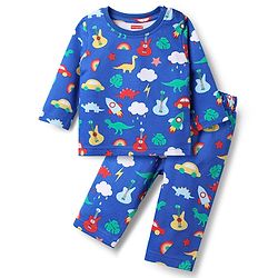Babyhug Single Jersey Knit Full Sleeves Co-ords T-Shirt & Lounge Pant Set with Tropical Theme Print - Blue