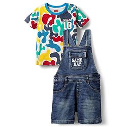 Babyhug Single Jersey Knit Half Sleeves Abstract Printed T-Shirt With Dungaree Set - Multicolour