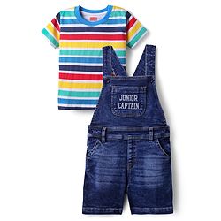 Babyhug Single Jersey Denim Dungaree & Half Sleeves Striped T-Shirt with Text Embroidery - Navy Blue